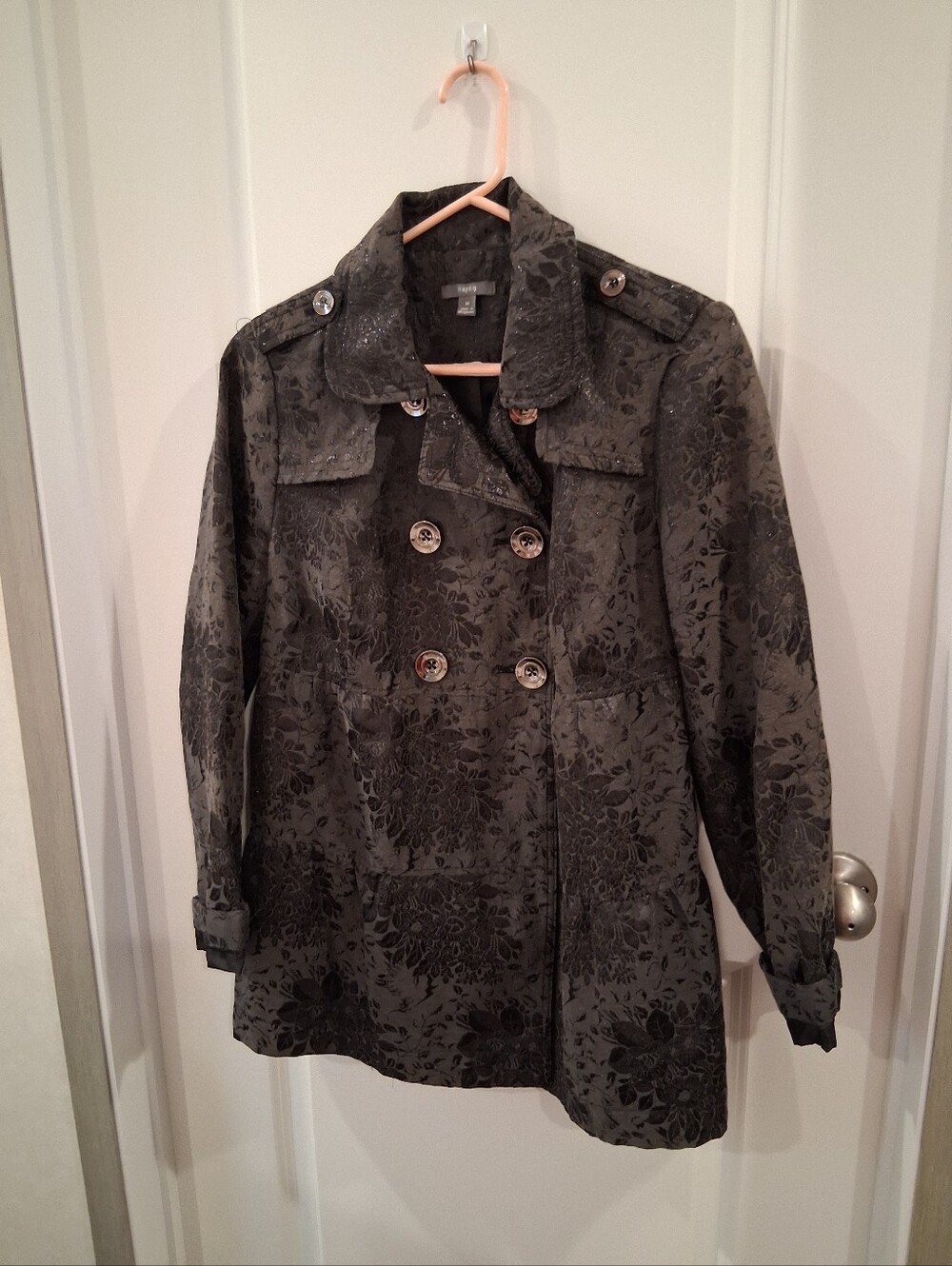 Apt. 9 Black Floral-Embossed Double-Breasted Peacoat Size Medium